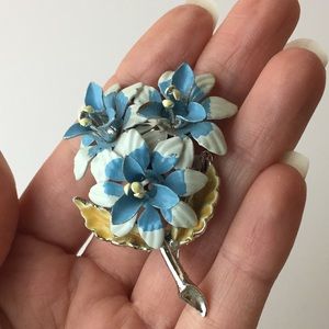 Vintage Blue & White Painted Flower Bouquet Brooch